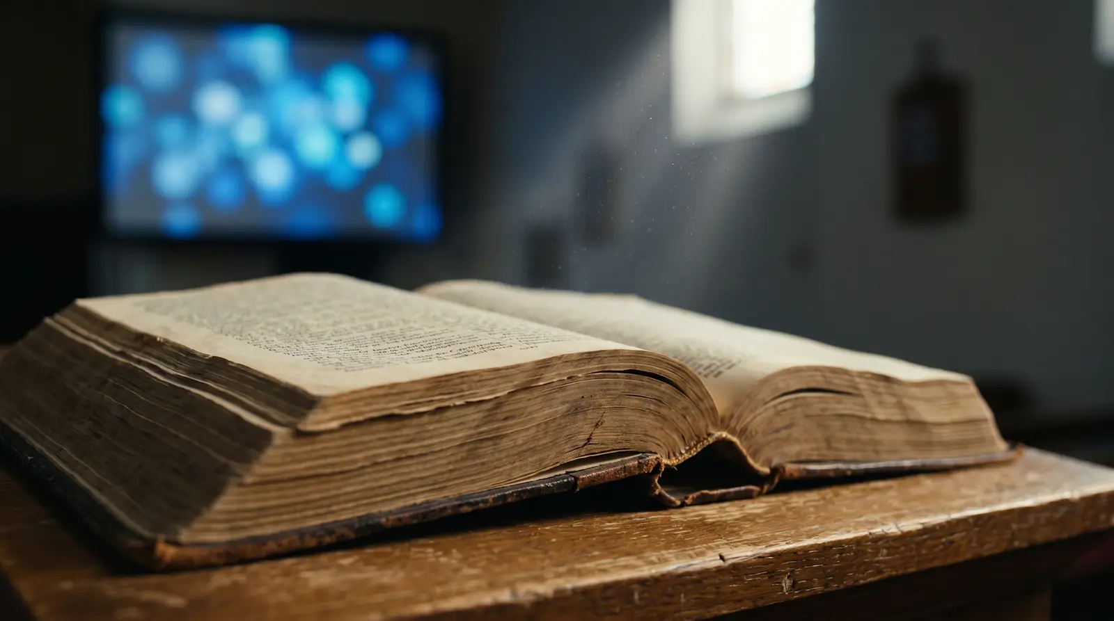 Una Biblia antigua abierta sobre un púlpito de madera con una pantalla iluminada al fondo